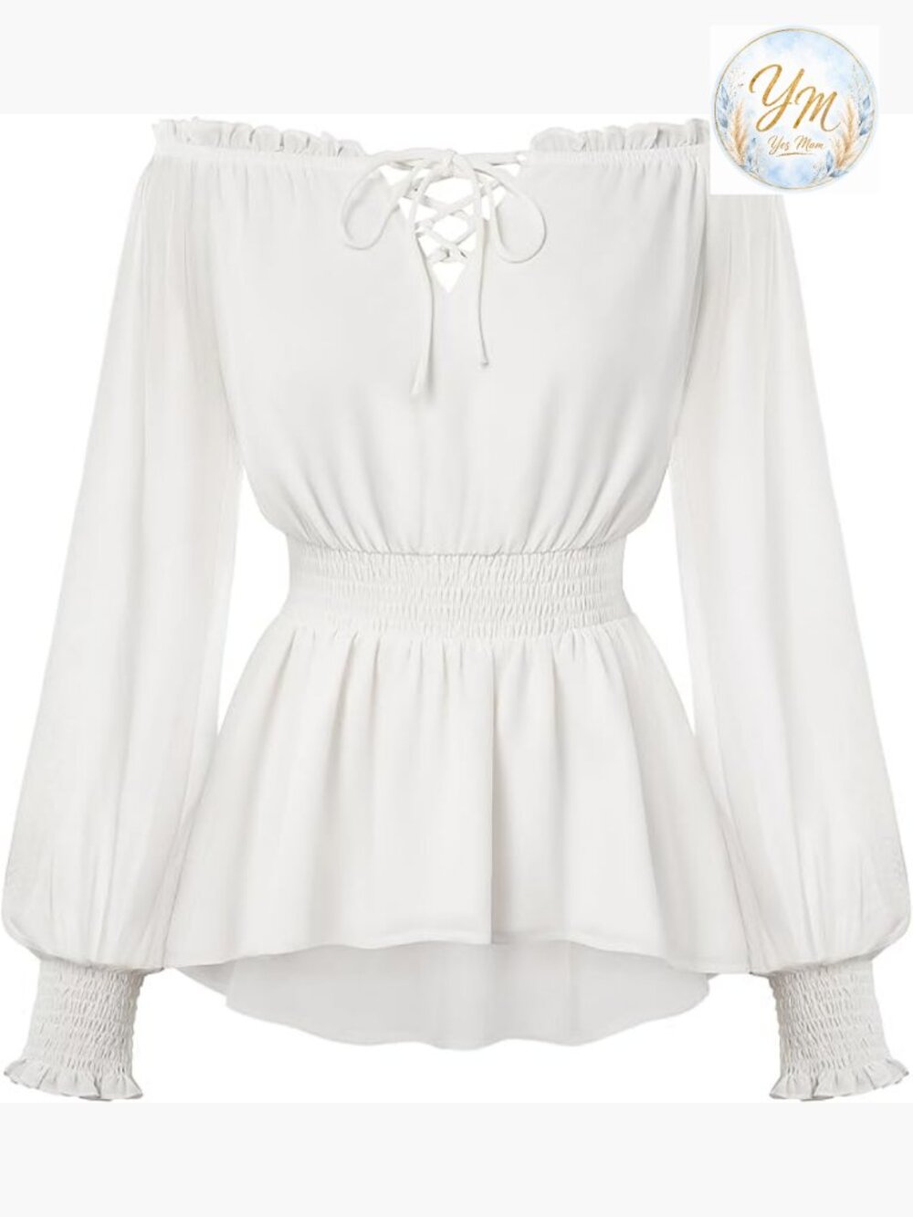 Renaissance Peasant Off Shoulder Top Smocked Waist Long Sleeve Blouse